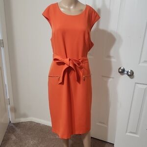 Kasper 18 Retro Vibrant Orange Midi Dress with Cap Sleeves Zipper Pockets